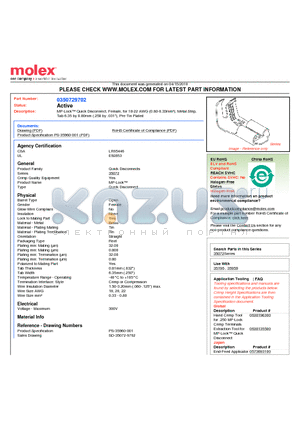 0350729702 datasheet - MP-Lock Quick Disconnect, Female, for 18-22 AWG (0.80-0.33mmb), Metal StripTab 6.35 by 0.80mm (.250 by .031