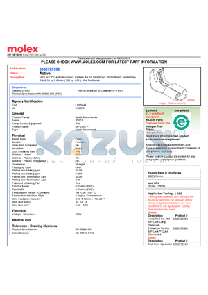 0350729902 datasheet - MP-Lock Quick Disconnect, Female, for 10-14 AWG (5.26-2.08mmb), Metal StripTab 6.35 by 0.81mm (.250 by .031