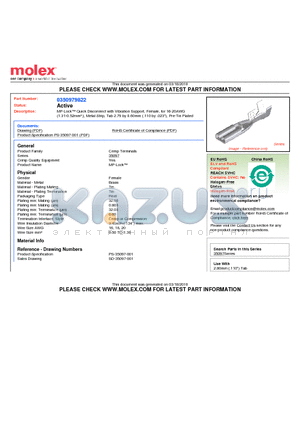 0350979822 datasheet - MP-Lock Quick Disconnect with Vibration Support, Female, for 16-20AWG(1.31-0.52mmb;), Metal Strip, Tab 2.79 by 0.60mm (.110 by .023
