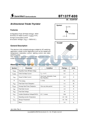 BT137F-600 datasheet - Bi-Directional Triode Thyristor