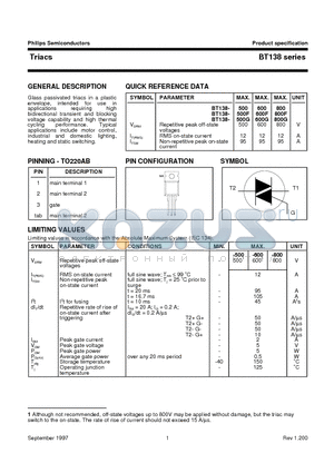 BT138 datasheet - Triacs sensitive gate