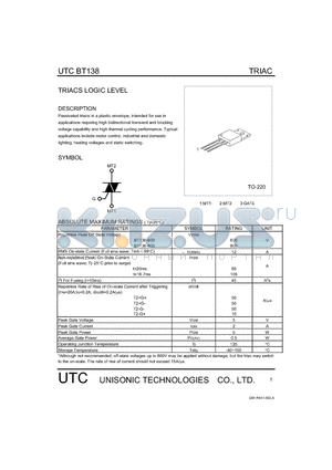 BT138 datasheet - TRIACS LOGIC LEVEL