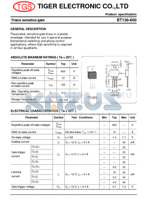 BT138-600 datasheet - Triacs sensitive gate