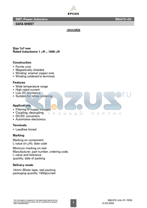 B82472-G4 datasheet - Size 7x7 mm Rated inductance 1 mH .. 1000 mH