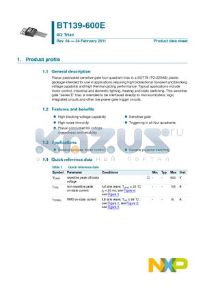 BT139-60DG datasheet - 4Q Triac High blocking voltage capability