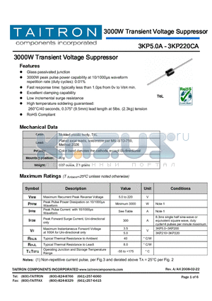 3KP150CA datasheet - 3000W Transient Voltage Suppressor