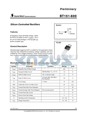 BT151-600 datasheet - Silicon Controlled Rectifiers