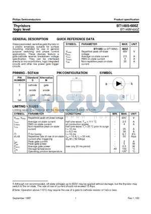 BT148S-600Z datasheet - Thyristors logic level