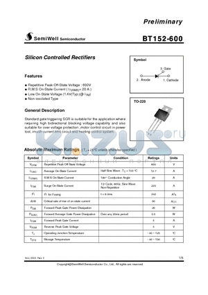 BT152-600 datasheet - Silicon Controlled Rectifiers