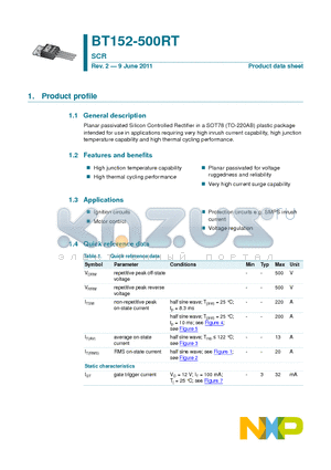 BT152-500RT datasheet - High junction temperature capability Very high current surge capability