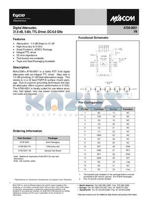 AT90-0001TR datasheet - Digital Attenuator 31.0dB, 5-Bit, TTL Driver, DC-6.0 GHz