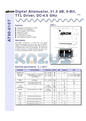 AT90-0107-TB datasheet - Digital Attenuator, 31.5 dB, 6-Bit, TTL Driver, DC-4.0 GHz