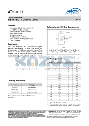 AT90-0107TR datasheet - Digital Attenuator 31.5 dB, 6-Bit, TTL Driver, DC-4.0 GHz