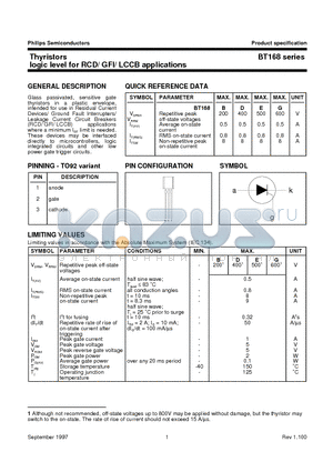 BT168D datasheet - Thyristors logic level for RCD/ GFI/ LCCB applications