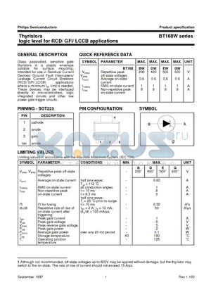 BT168GW datasheet - Thyristors logic level for RCD/ GFI/ LCCB applications