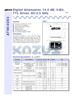 AT90-0283-TB datasheet - Digital Attenuator, 15.5 dB, 5-Bit, TTL Driver, DC-3.5 GHz