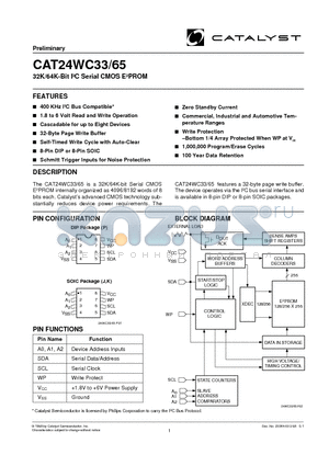 CAT24WC33J-1.8TE13 datasheet - 32K/64K-Bit I2C Serial CMOS E2PROM