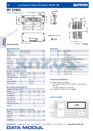 BT21603 datasheet - 3 mm Character Height LCD Modules - MICRO LINE
