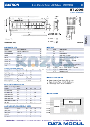 BT22008 datasheet - 8 mm Character Height LCD Modules - MACRO LINE