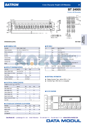 BT24005 datasheet - 5 mm Character Height LCD Modules