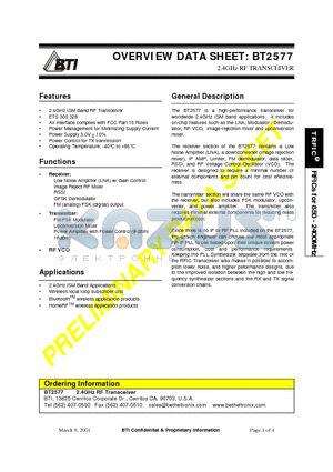 BT2577 datasheet - 2.4 GHZ RF TRANSCEIVER