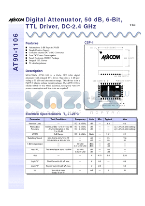 AT90-1106 datasheet - Digital Attenuator, 50 dB, 6-Bit, TTL Driver, DC-2.4 GHz