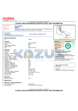 0357254810 datasheet - Flag Quick Disconnect, Female, for 14-18 AWG (2.00-0.80mmb) Wire, Metal Strip, Tab 6.35 by 0.81mm (.250 by .032