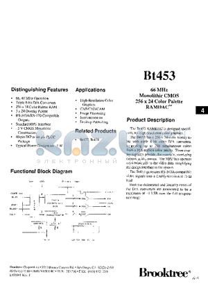 BT453 datasheet - 66Mhz Monolithic CMOS 256X24 Color Palette RAMDAC