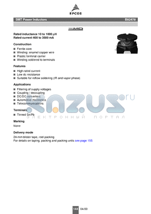 B82478-A1334-M datasheet - Rated inductance 10 to 1000 mH Rated current 400 to 3500 mA