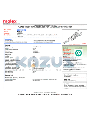 0357470410 datasheet - Tab Crimp Terminal 35747, Male, 24-26 AWG , (0.20 - 0.12mmb), Brass, Pre-Tin Plated, Reel