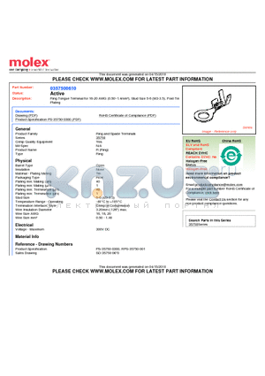 0357500610 datasheet - Ring Tongue Terminal for 16-20 AWG (0.50~1.4mmb), Stud Size 5-6 (M3-3.5), Post-Tin Plating