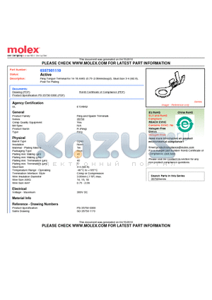 0357501110 datasheet - Ring Tongue Terminal for 14-18 AWG (0.75~2.08mm²), Stud Size 3-4 (M2.6), Post-Tin Plating