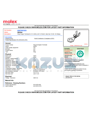 0357501810 datasheet - Ring Tongue Terminal for 9-14 AWG (2.20~6.70mmb), Stud Size 10 M5, Tin Plating