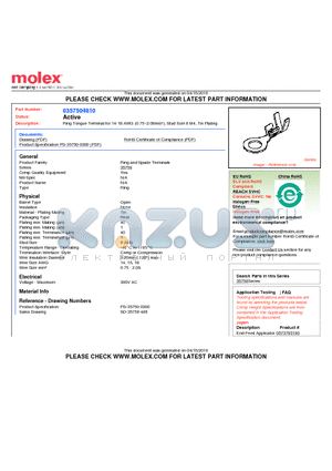 0357504810 datasheet - Ring Tongue Terminal for 14-18 AWG (0.75~2.08mmb), Stud Size 8 M4, Tin Plating