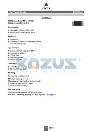 B82482-A3 datasheet - Rated impedance 60 to 1000 W Rated current 0,05 to 1 A