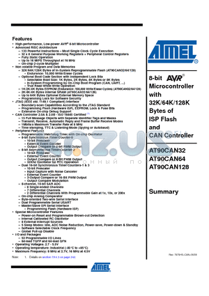 AT90CAN32_08 datasheet - 8-bit Microcontroller with 16K/32K/64K Bytes In-System Programmable Flash8-bit Microcontroller with 32K/64K/128K Bytes of ISP Flash and CAN Controller