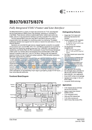 BT8370 datasheet - single chip transceivers for T1/E1 and Integrated Service Digital Network (ISDN) primary rate interfaces