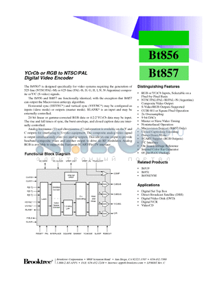 BT857 datasheet - YCrCb or RGB to NTSC/PAL Digital Video Encoder