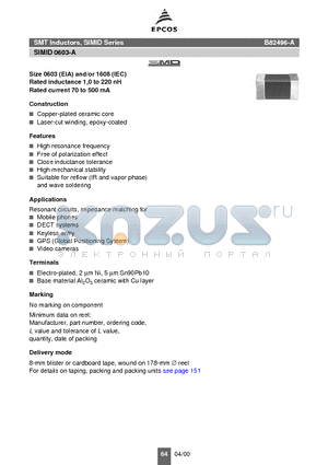 B82496-A datasheet - SMT Inductors, SIMID Series