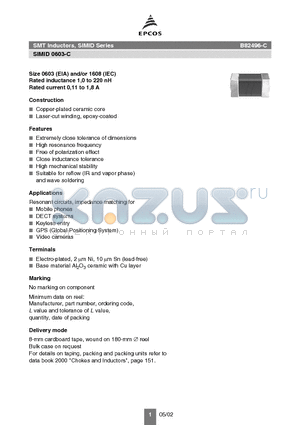 B82496C3100+ datasheet - SMT Inductors, SIMID Series SIMID 0603-C