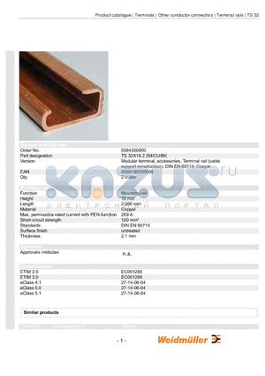 0364300000 datasheet - Modular terminal, accessories, Terminal rail (cable support construction), DIN EN 60715, Copper