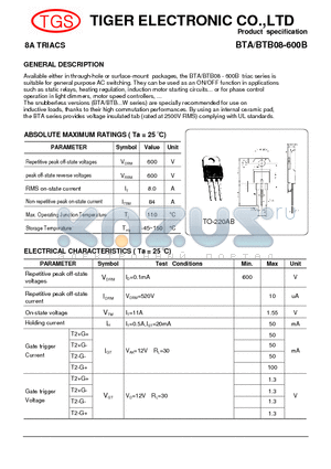 BTA08-600B datasheet - 8A TRIACS