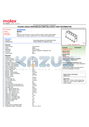 0365630007 datasheet - 6.35mm (.250) Pitch MLX Power Connector Header, Vertical, without Plastic Polarizing Peg, 4 Circuits