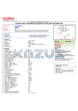 0365630010 datasheet - 6.35mm (.250) Pitch MLX Power Connector Header, Vertical, without Plastic Polarizing Peg, 6 Circuits