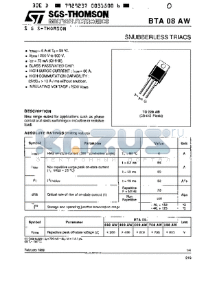 BTA08-800AW datasheet - SNUBBERLESS TRIACS