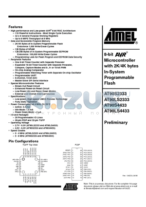 AT90S2333-8AC datasheet - 8-bit Microcontroller with 2K/4K bytes In-System Programmable Flash