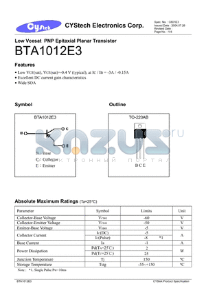 BTA1012E3 datasheet - Low Vcesat PNP Epitaxial Planar Transistor
