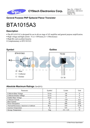 BTA1015A3 datasheet - General Purpose PNP Epitaxial Planar Transistor