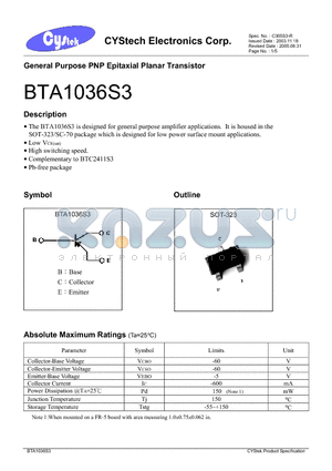 BTA1036S3 datasheet - General Purpose PNP Epitaxial Planar Transistor