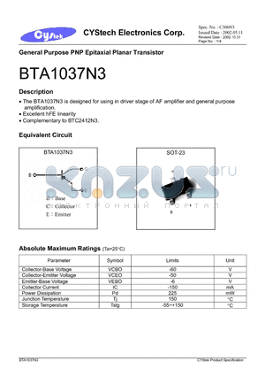 BTA1037N3 datasheet - General Purpose PNP Epitaxial Planar Transistor